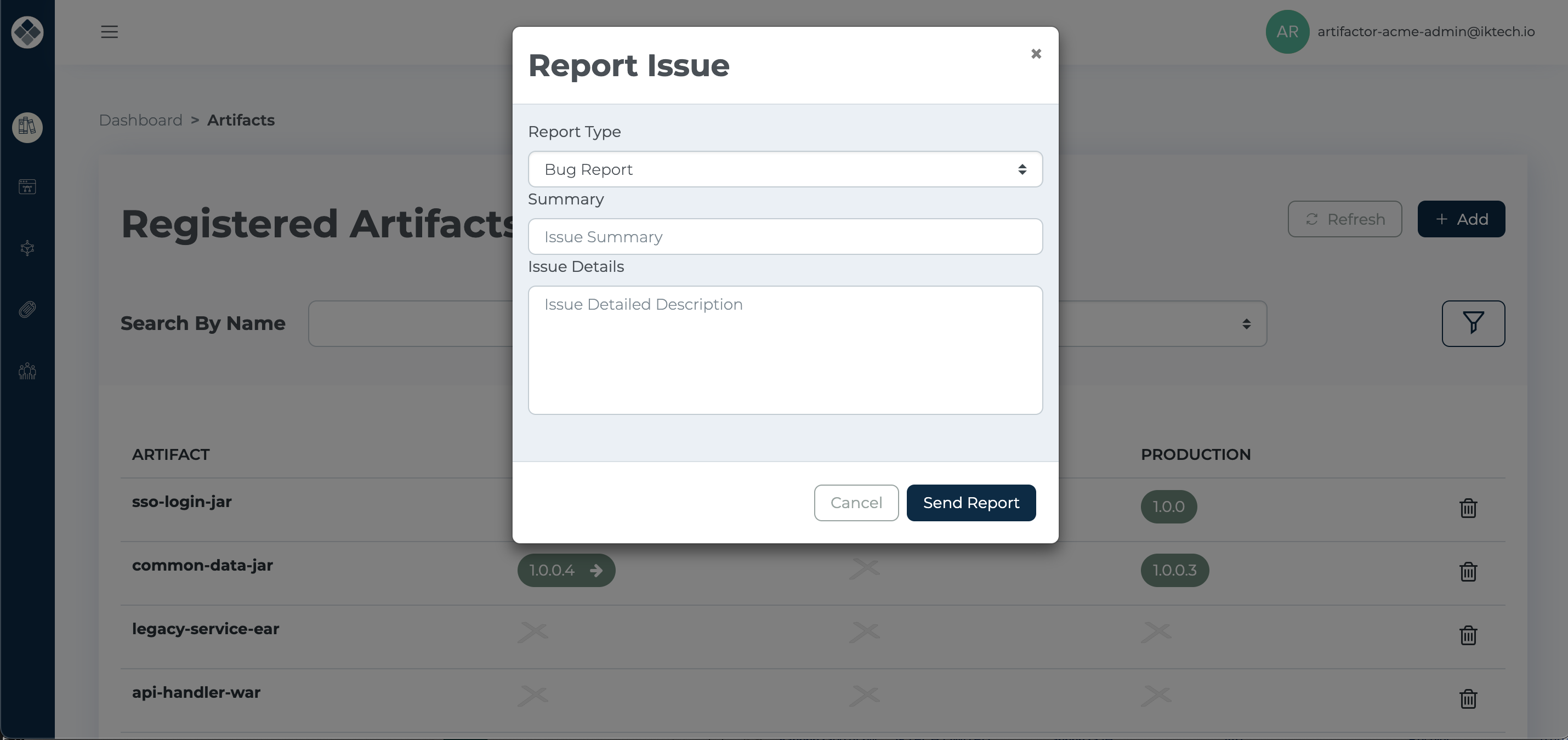 Report an Issue dialog