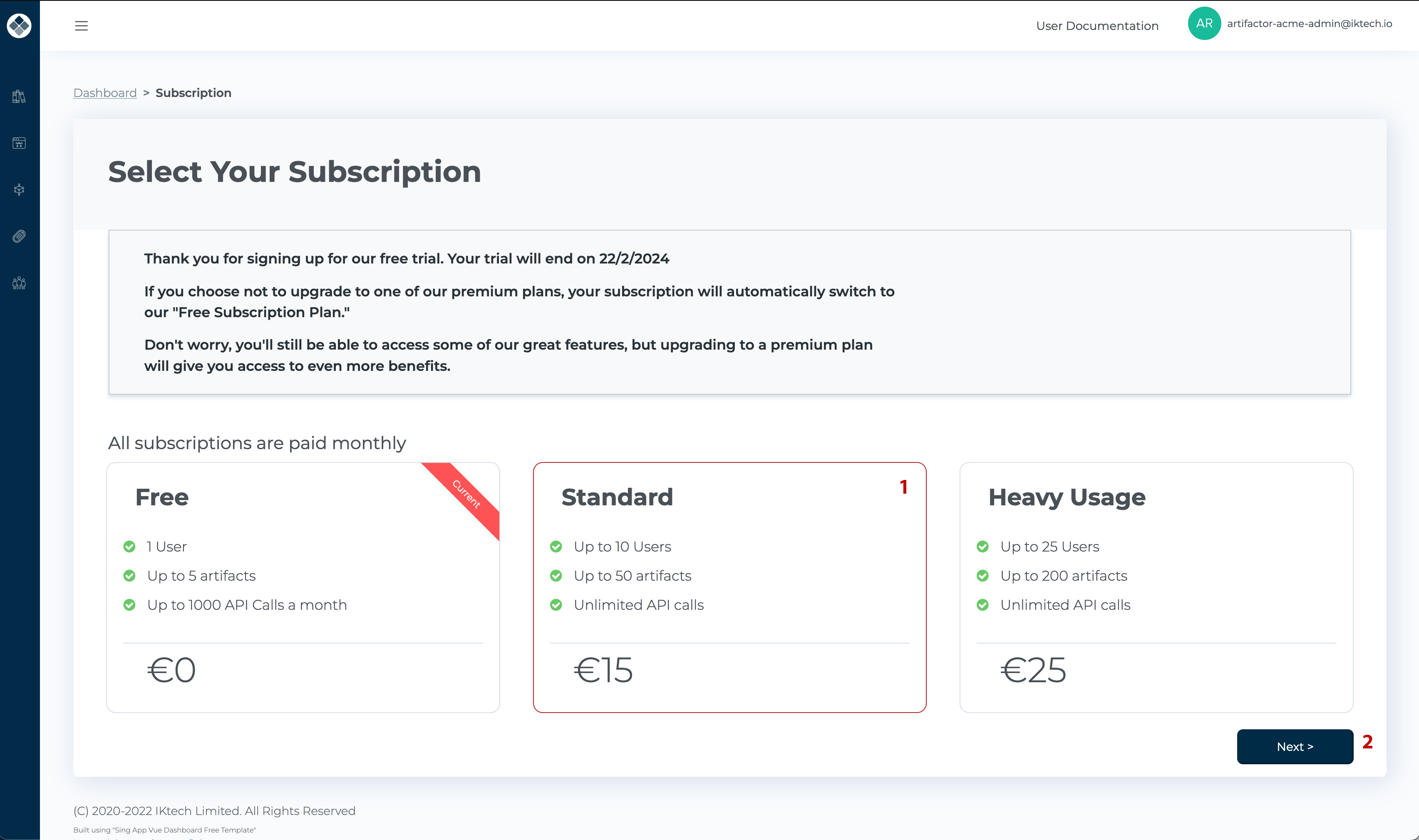 Manage Subscription Selected